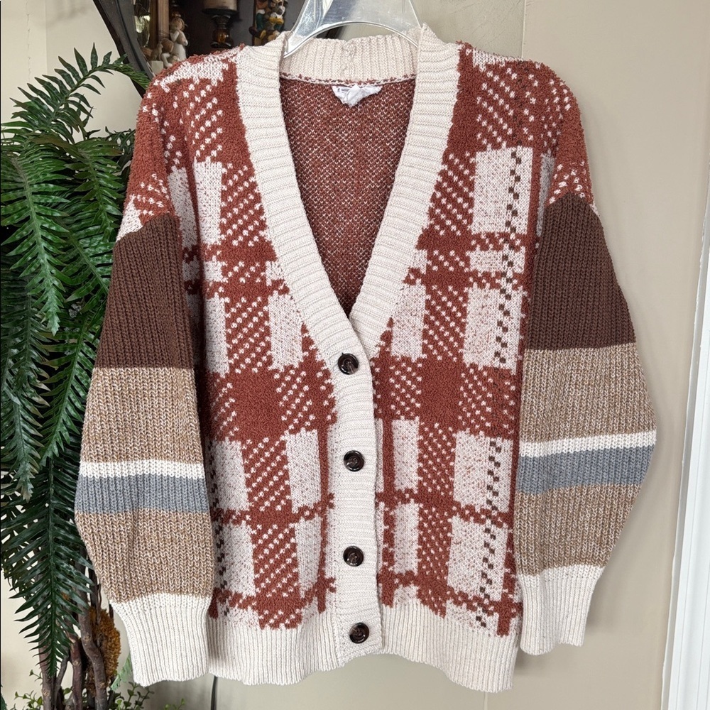 Love Riche Cozy Chic Mixed Knitted Rust Oversized Cardigan Button Down Plaid - Picture 12 of 12